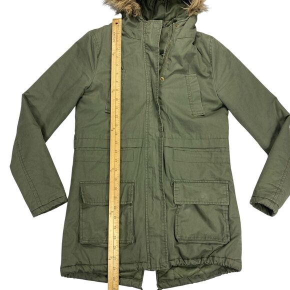 Miss London Jacket Women S Green Sherpa-lined Full Zip Faux Fur Trim Hooded Coat - Picture 13 of 16